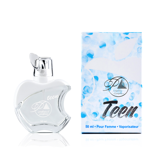 Perfume Parfums Teen J00 inspirado en Cloud para mujer, Eau de Toilette, 50ml. Imagen del frasco y la caja. Familia olfativa floral, frutal y gourmand. Distribuido por Essenciel.