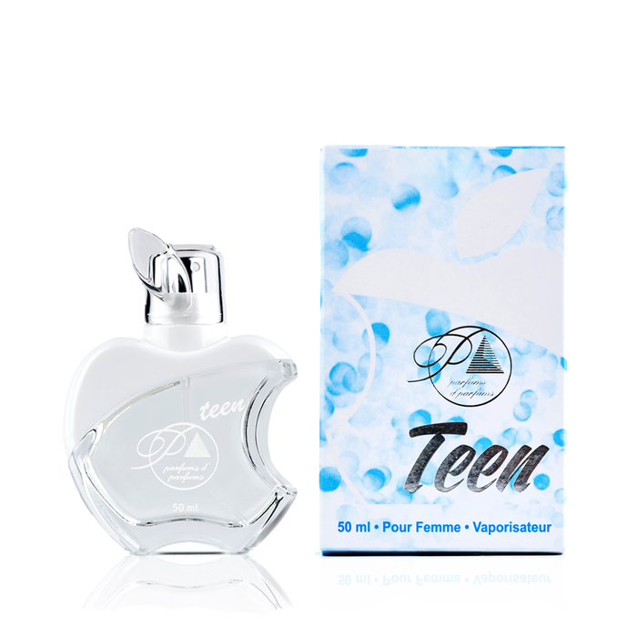 Perfume Parfums Teen J00 inspirado en Cloud para mujer, Eau de Toilette, 50ml. Imagen del frasco y la caja. Familia olfativa floral, frutal y gourmand. Distribuido por Essenciel.