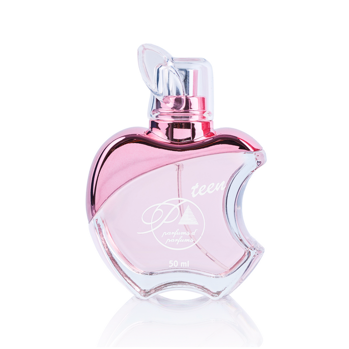 Perfume Parfums Teen J01 inspirado en Fantasy para mujer, Eau de Toilette, 50ml. Imagen del frasco. Familia olfativa floral, frutal y gourmand. Distribuido por Essenciel.