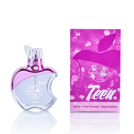 Perfume Parfums Teen J02 inspirado en Selena Gomez para mujer, Eau de Toilette, 50ml. Imagen del frasco y la caja. Familia olfativa floral, frutal y gourmand. Distribuido por Essenciel.