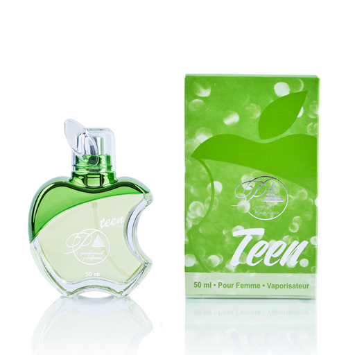Perfume Parfums Teen J03 inspirado en Bombshell para mujer, Eau de Toilette, 50ml. Imagen del frasco y la caja. Familia olfativa floral, frutal. Distribuido por Essenciel.
