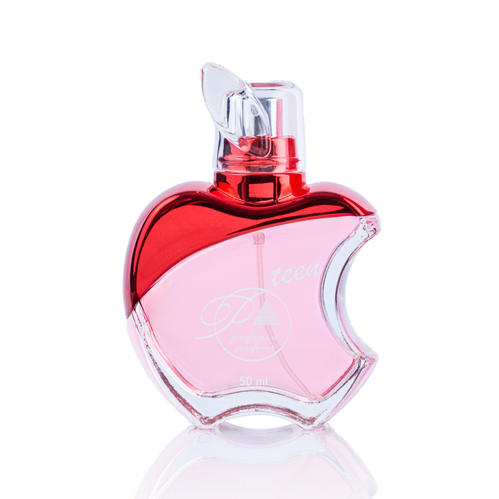 Perfume Parfums Teen J04 inspirado en Thank U, Next para mujer, Eau de Toilette, 50ml. Imagen del frasco. Familia olfativa floral, frutal y gourmand. Distribuido por Essenciel.