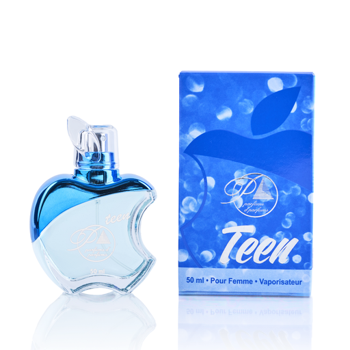 Perfume Parfums Teen J06 inspirado en Sweet Like Candy para mujer, Eau de Toilette, 50ml. Imagen del frasco y la caja. Familia olfativa floral, frutal y gourmand. Distribuido por Essenciel.