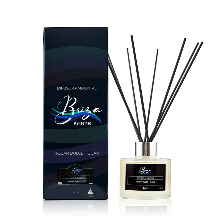 Difusor ambiental de varillas Hogar Dulce Hogar de Briza Parfums, 150 ml. Aroma duradero y elegante para el hogar. Distribuido por Essenciel.