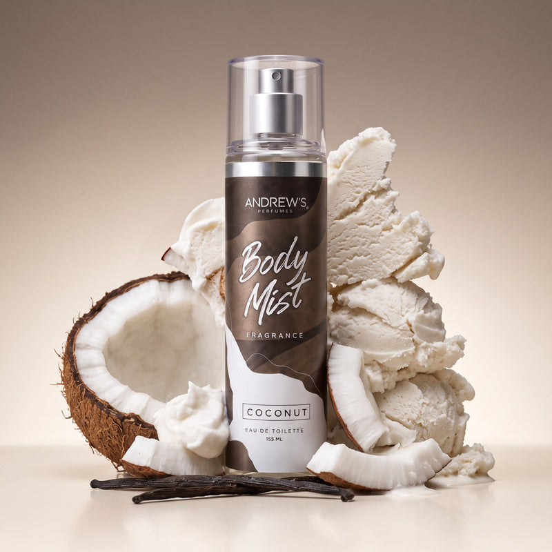Body Mist Coconut Andrew’s de 155 ml en una composición con ingredientes que evocan sus notas aromáticas.