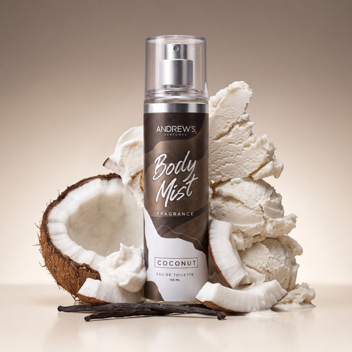 Body Mist Coconut Andrew’s de 155 ml en una composición con ingredientes que evocan sus notas aromáticas.