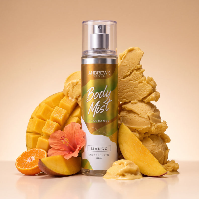 Body Mist Mango Andrew’s de 155 ml en una composición con ingredientes que evocan sus notas aromáticas.