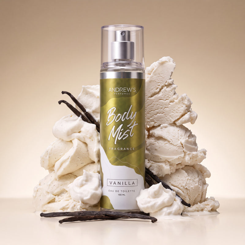 Body Mist Vainilla Andrew’s de 155 ml en una composición con ingredientes que evocan sus notas aromáticas.