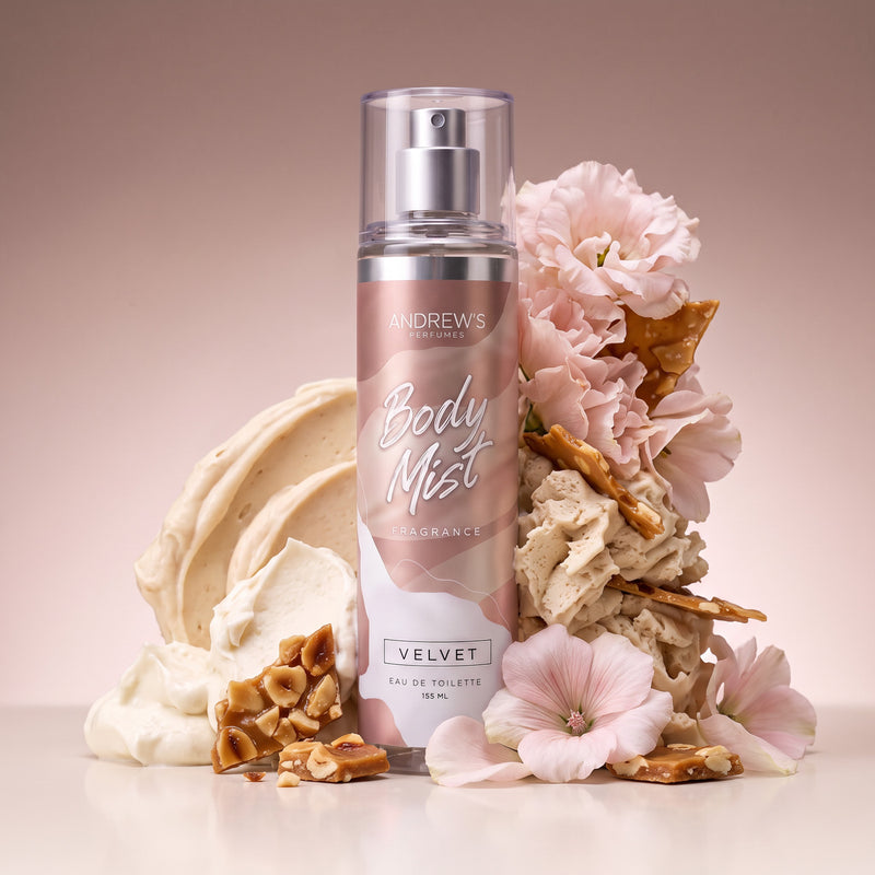 Body Mist Velvet Andrew’s de 155 ml en una composición con ingredientes que evocan sus notas aromáticas.