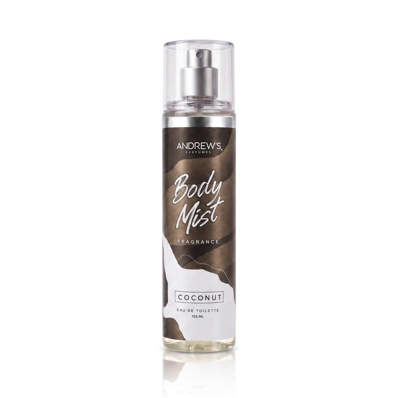 Body Mist Coconut Andrew’s de 155 ml, botella con etiqueta café y tapa transparente.
