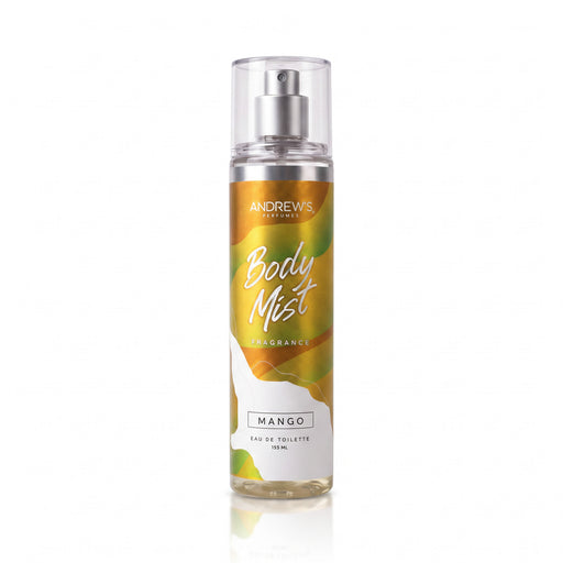 Body Mist Mango Andrew’s de 155 ml, botella con etiqueta amarilla y tapa transparente.