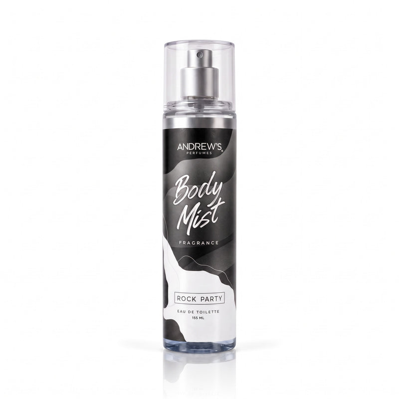 Body Mist Rock Party Andrew’s de 155 ml, botella con etiqueta negra y tapa transparente.