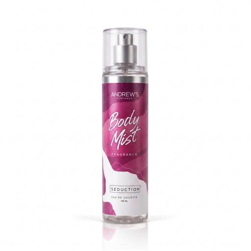 Body Mist Seduction Andrew’s de 155 ml, botella con etiqueta magenta y tapa transparente.