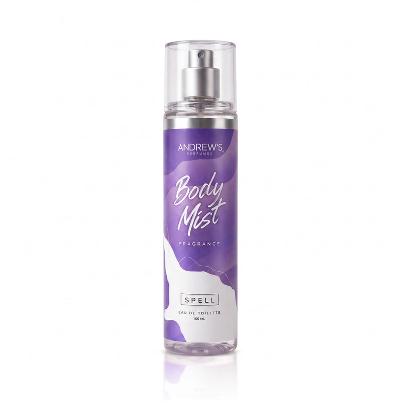 Body Mist Spell Andrew’s de 155 ml, botella con etiqueta morada y tapa transparente.
