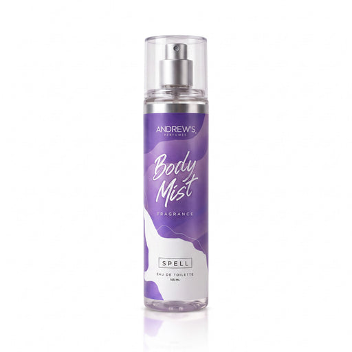 Body Mist Spell Andrew’s de 155 ml, botella con etiqueta morada y tapa transparente.