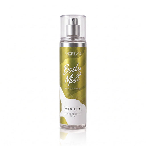 Body Mist Vainilla Andrew’s de 155 ml, botella con etiqueta dorada y tapa transparente.