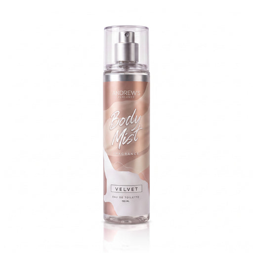 Body Mist Velvet Andrew’s de 155 ml, botella con etiqueta rosa suave y tapa transparente.