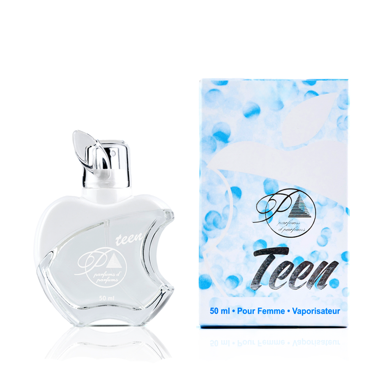 Perfume Parfums Teen J00 inspirado en Cloud para mujer, Eau de Toilette, 50ml. Imagen del frasco y la caja. Familia olfativa floral, frutal y gourmand. Distribuido por Essenciel.