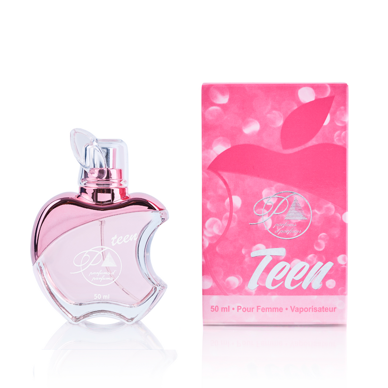 Perfume Parfums Teen J01 inspirado en Fantasy para mujer, Eau de Toilette, 50ml. Imagen del frasco y la caja. Familia olfativa floral, frutal y gourmand. Distribuido por Essenciel.