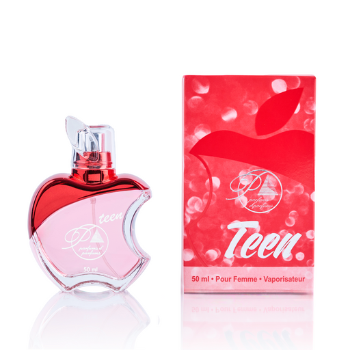 Perfume Parfums Teen J04 inspirado en Thank U, Next para mujer, Eau de Toilette, 50ml. Imagen del frasco y la caja. Familia olfativa floral, frutal y gourmand. Distribuido por Essenciel.