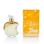 Perfume Parfums Teen J05 inspirado en Meow para mujer, Eau de Toilette, 50ml. Imagen del frasco y la caja. Familia olfativa floral frutal. Distribuido por Essenciel.